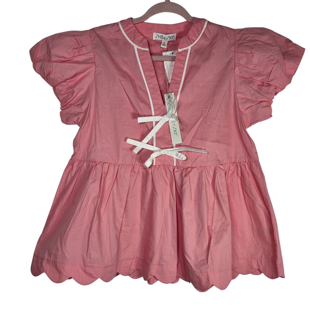 She + Sky Pink Bow Detail Puff Sleeve Blouse Size M